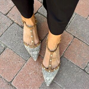 Halogen Olson Pointed Toe Croc Snake Embossed Neutral Studded T-Strap Flats 9